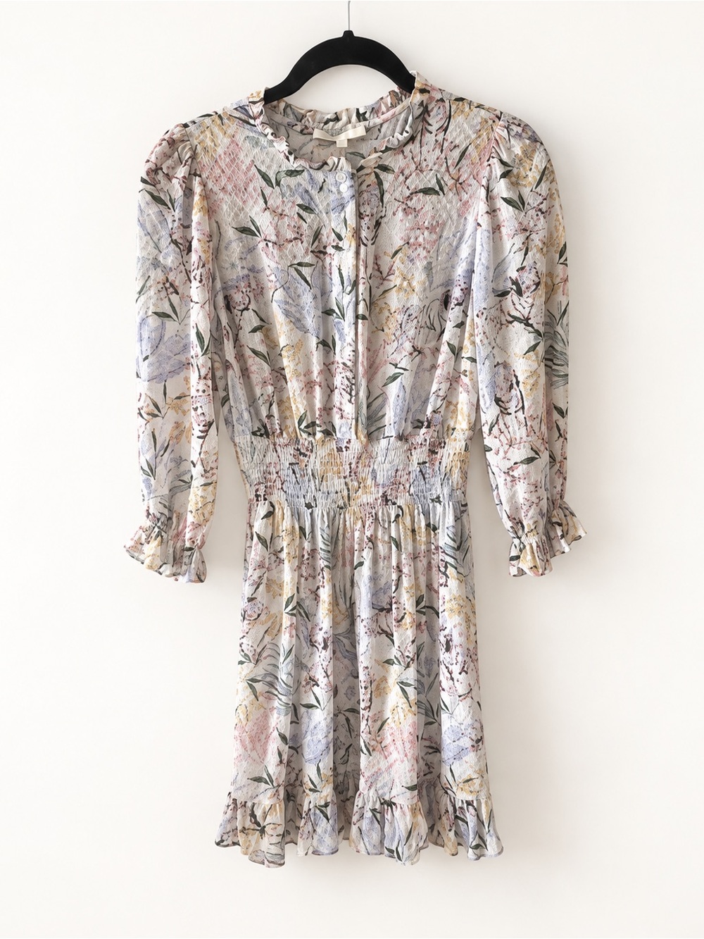Maje Paris Floral Botanical Smocked Waist Ruffle Mini Dress Size Small